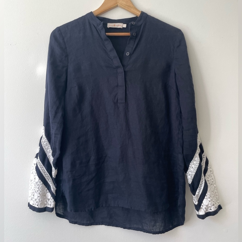 Tory Burch Navy Linen Crochet Tunic Top Long Sleeve Size 2 Beachy Preppy